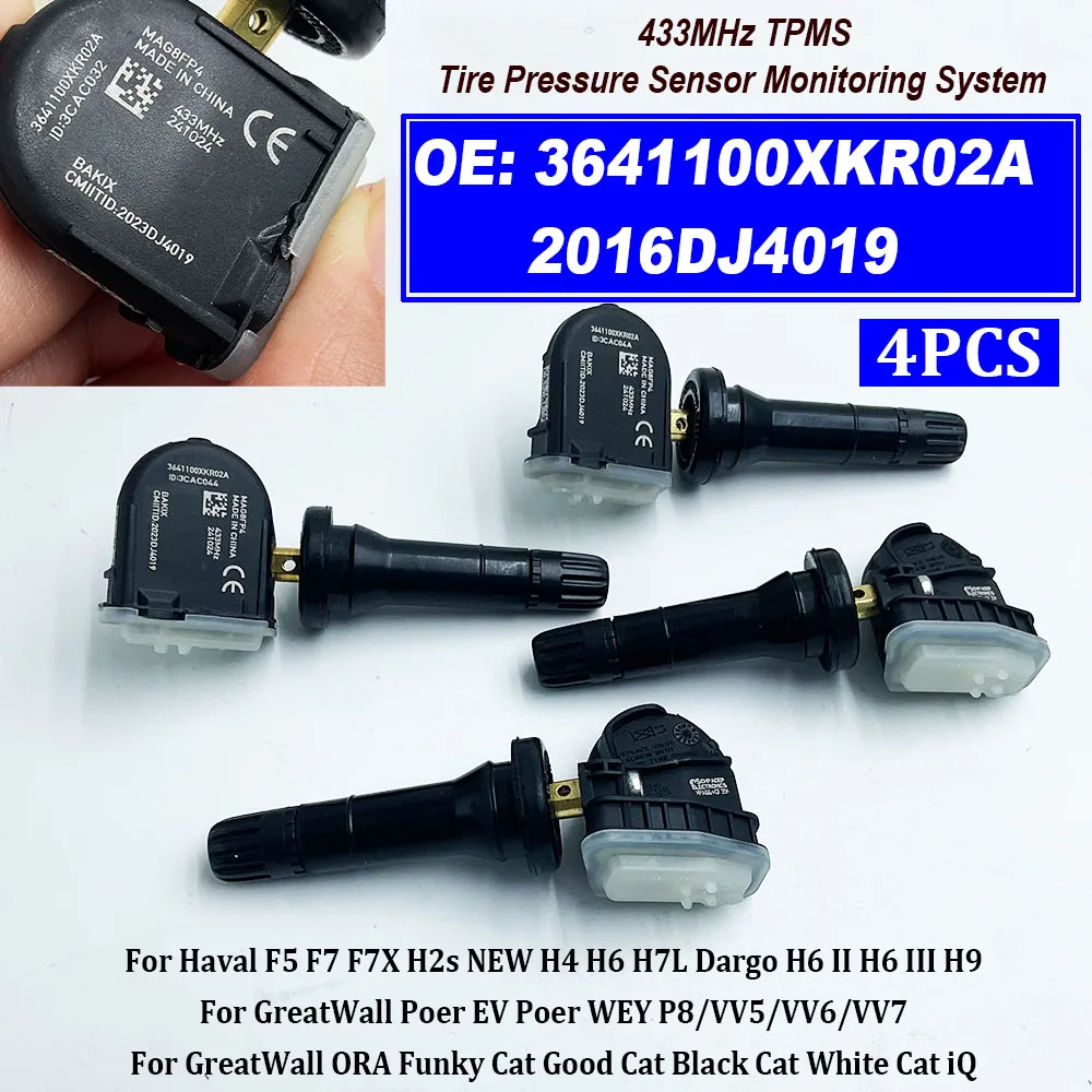 4 шт. 433 МГц TPMS 3641100 XKR02A 2016DJ4019 Датчик давления в шинах для GreatWall P8 VV5 VV6 VV7 Poer EV ORA Cat