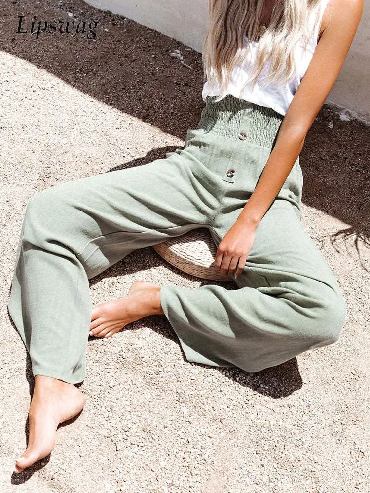 

Office Ladies Solid Cotton Linen Loose Pants Spring Summer Elegant High Waist Pants Women Casual Buttoned Elastic Waist Trousers