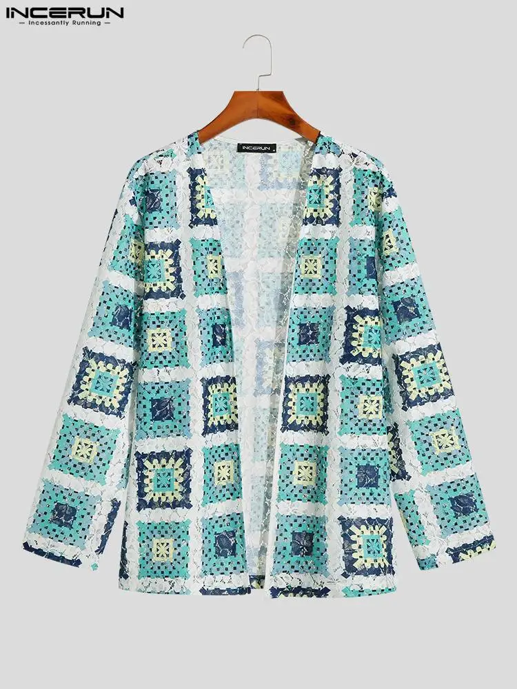 INCERUN Tops 2023 American Style New Men's Pane Flower Printing Blouse Casual Streetwear Male Long Sleeve Cardigan Shirts S-5XL