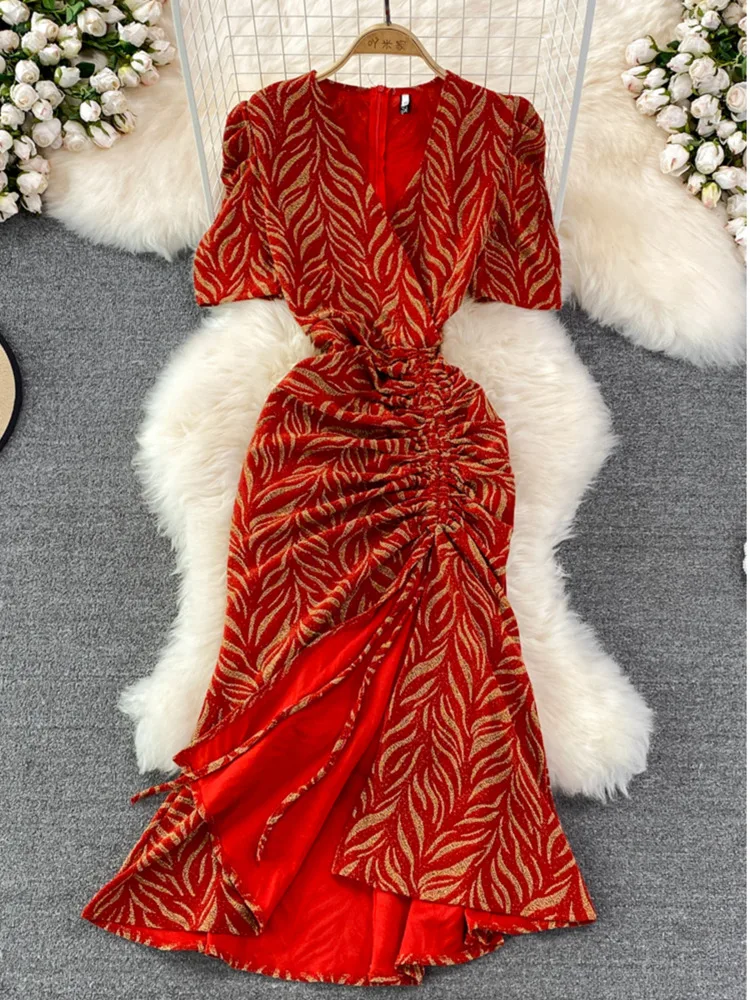 

Women Bright Silk Mermaid Party Dress Sexy V-Neck Short Sleeve High Waist Drawstring Vestidos Female Elegant Summer Long Robe