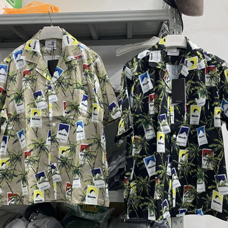 

New Rhude Shirts Full Print Coconut Tree Hawaiian Shirts 1:1 High Quality Oversized Short Sleeve Shirt