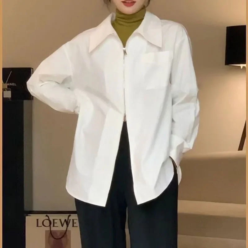 Женская тонкая свободная офисная одежда на молнии с длинным рукавом и отложным