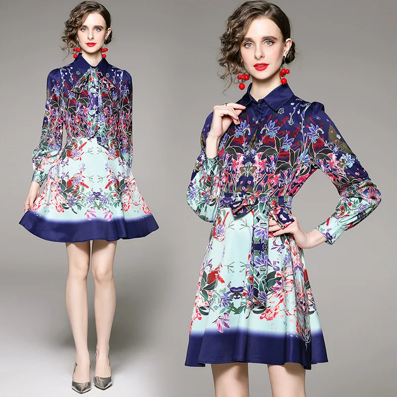 

2022 Long Sleeve Printed Shirt Dress Vestidos De Fiesta Elegant Office Lady Fashion WOMEN Tunic Slim Mini Dress