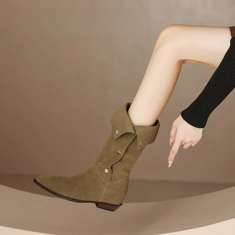 Женские Винтажные ботинки с воланом зимние до середины икры на массивном каблуке