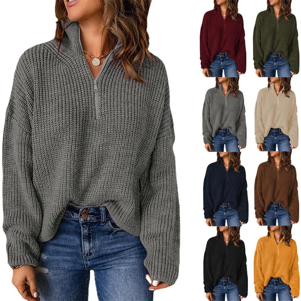 

Ladies Zipper Half Open Collar Long Sleeve Loose Top AutumnWinter New Solid Color Turtleneck Pit Strip Splicing Pullover Sweater
