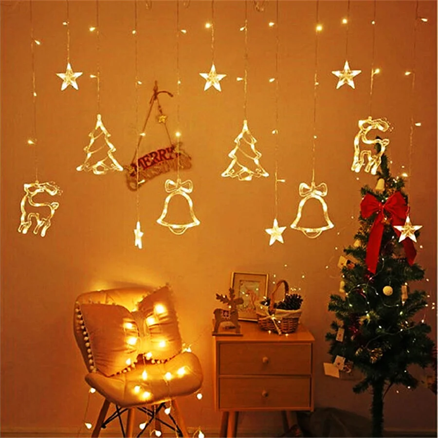 8 Modes LED Deer Bell Curtain Lights 220V EU Plug Christmas Fairy String Lights Garland for Home Wedding Party New Year Decor