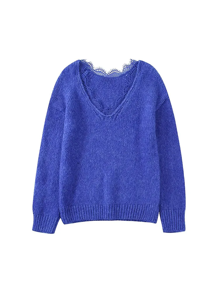 

Women 2022 Autumn New Casual Fashion Lace Knitted Sweater Vintage V Neck Long Sleeve Female Pullovers Chic Tops
