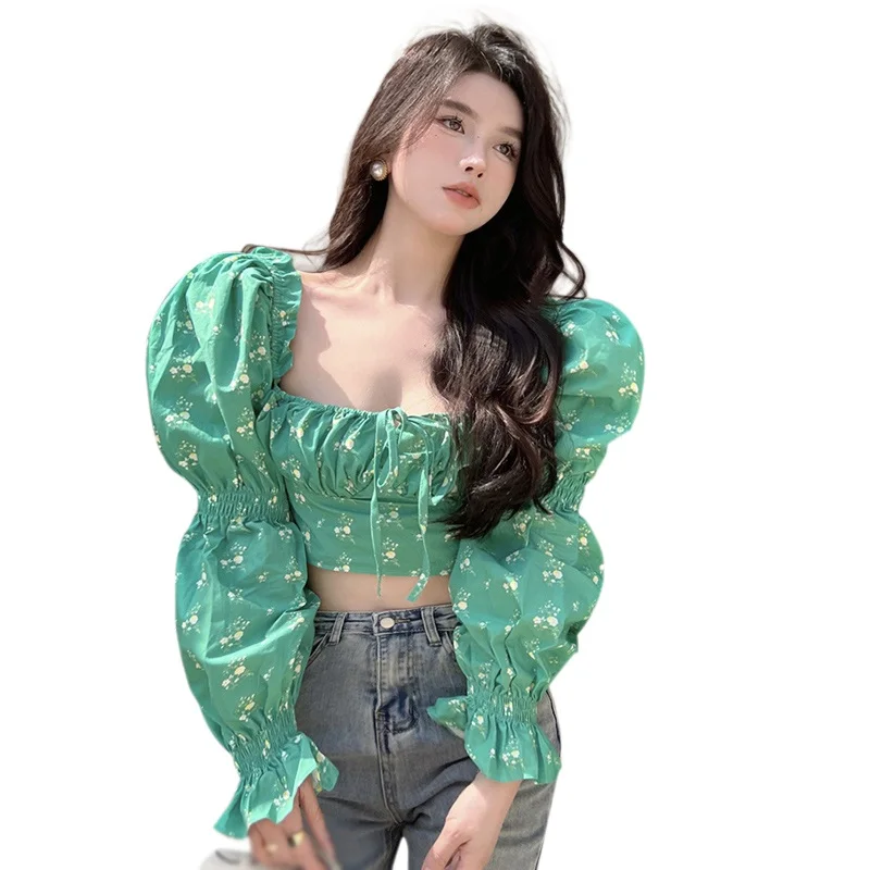 Women Retro Floral Square Collar Slim Sexy Crop Tops Puff Long Sleeve Temperament Blouses Summer Casual Wild Tops