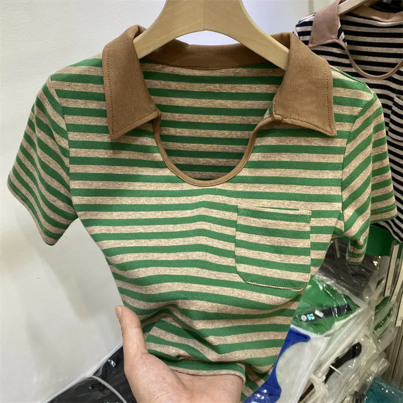 

2022 New Turn-Down Collar Short Sleeve Women T Shirts Vintage Hit Color Striped Summer Tee Tops Korean Office Lady T Shirt