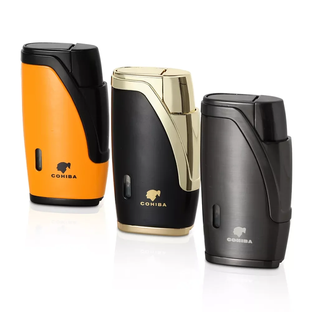 

COHIBA Metal Cigar Lighter 2 Jet Torch Lighter Butane Gas Lighters Windproof Cigarette Lighters W/ Cigar Cutter