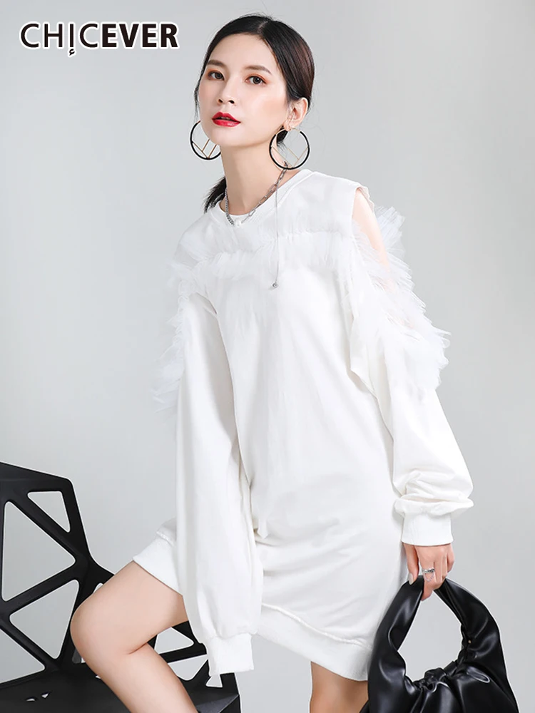 

CHICEVER Patchwork Mesh Dress For Women O Neck Long Sleeve Off Shoulder Loose Mini Dresses Female Spring Clothing 2022 Style