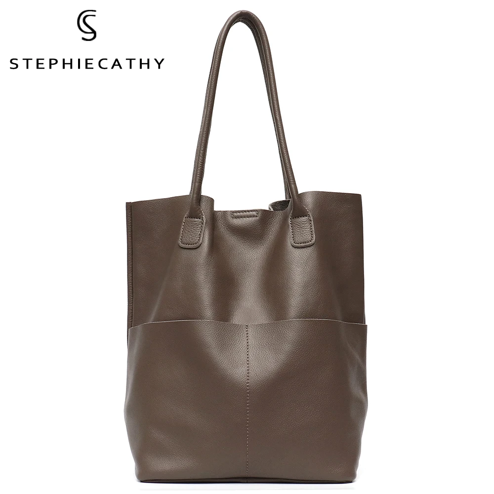 

SC Brand Women Genuine Leather Shoulder Bags Causal Vintage High Quality Soft Cowhide Handbag Shopping Bucket Large Hobos Tote