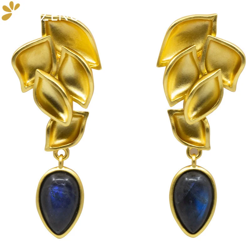 

GEEZENCA 925 Sterling Silver 18K Gold Plated Natural Labradorite Earrings For Women Designer Luxury Gemstone Dangle Earring Gift