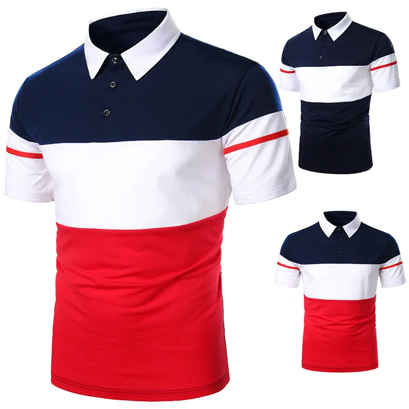 

Men Polo Shirt Summer Slim Fit Patchwork Contrast Fashion Short Sleeve Business Casual Single Breasted Webbing Pullover Polo Top