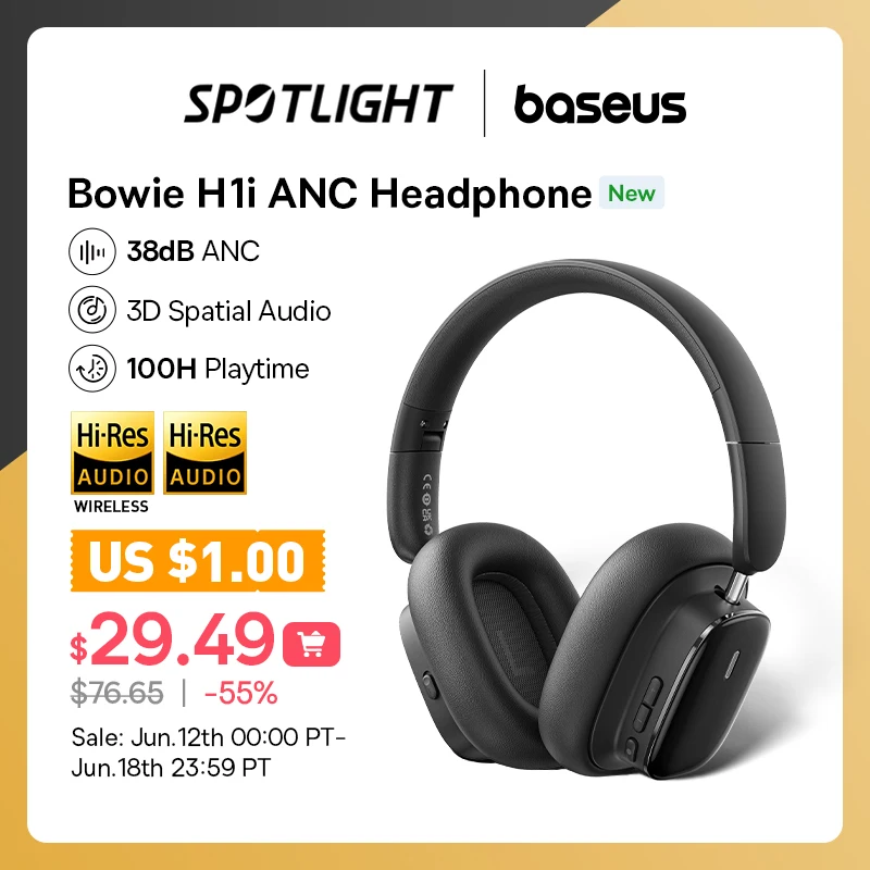 Беспроводные наушники Baseus Bowie H1i Bluetooth 5,3 38 дБ ANC шумоподавление Hi-Res 3D пространственный звук над ухом гарнитуры 100H - купить по выгодной цене - Топ-200 товаров с Али