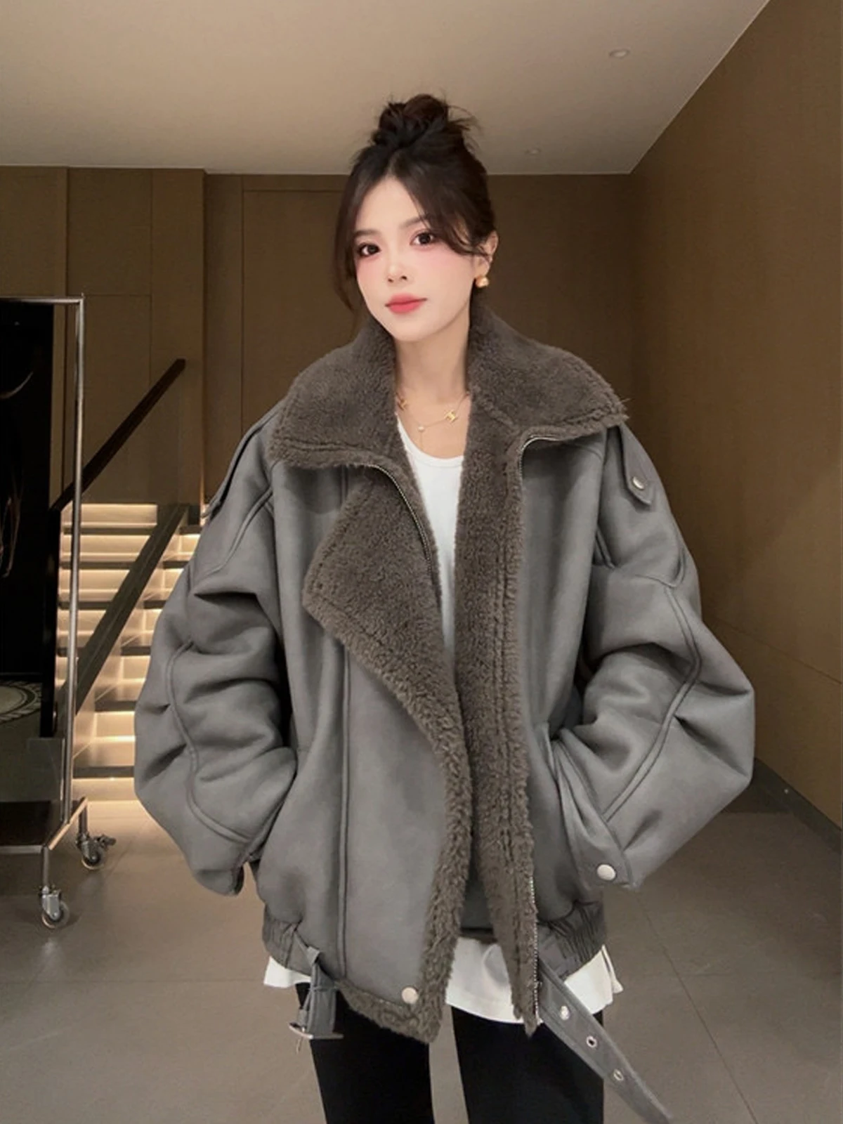 Серая замша берберская флисовая меховая интегрированная верхняя одежда женская