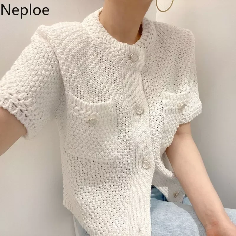 

Neploe Korean Cardigan Women Clothing Short Sleeve Single Breasted Sweater O Neck Knit Black Tops 2022 Fashion White Coat Femme