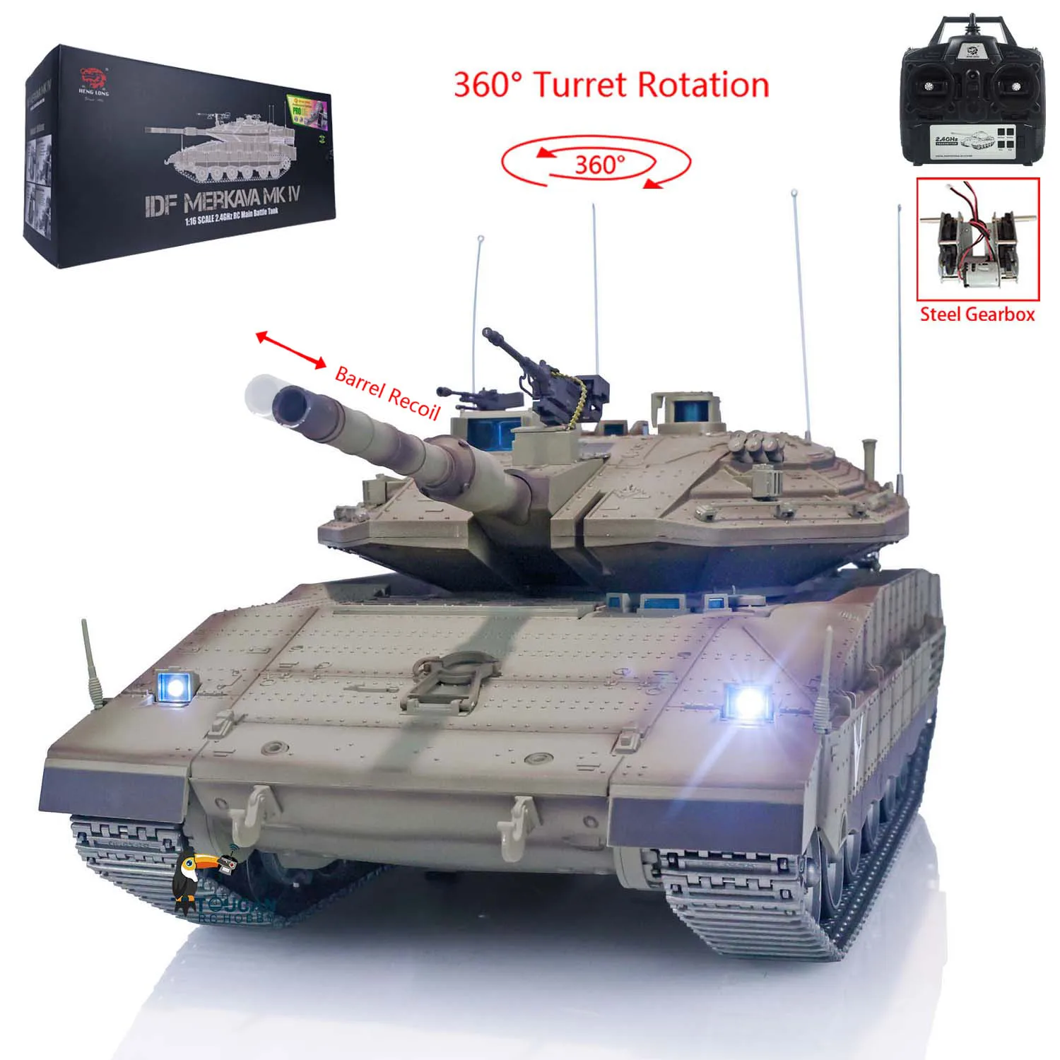 

Henglong 1/16 RC Tank IDF Merkava MK IV 360 Turret Rotation Metal Tracks Road Wheels Military Vehicle Model Boy Gift