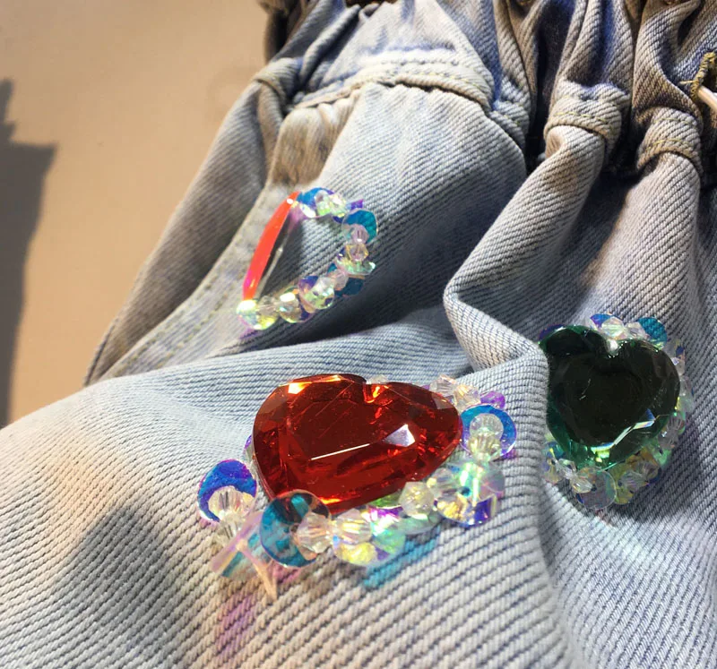 European Summer New Exquisite Rhinestone Beaded Peach Heart High Waist Denim Shorts Loose Slimming Wide-Leg jeans Shorts Women