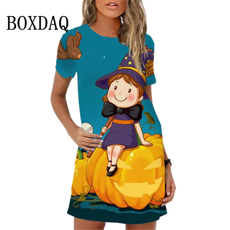 

Женское платье с коротким рукавом, свободное Повседневное платье трапециевидной формы с 3d-рисунком кота и мультяшным принтом на Хэллоуин