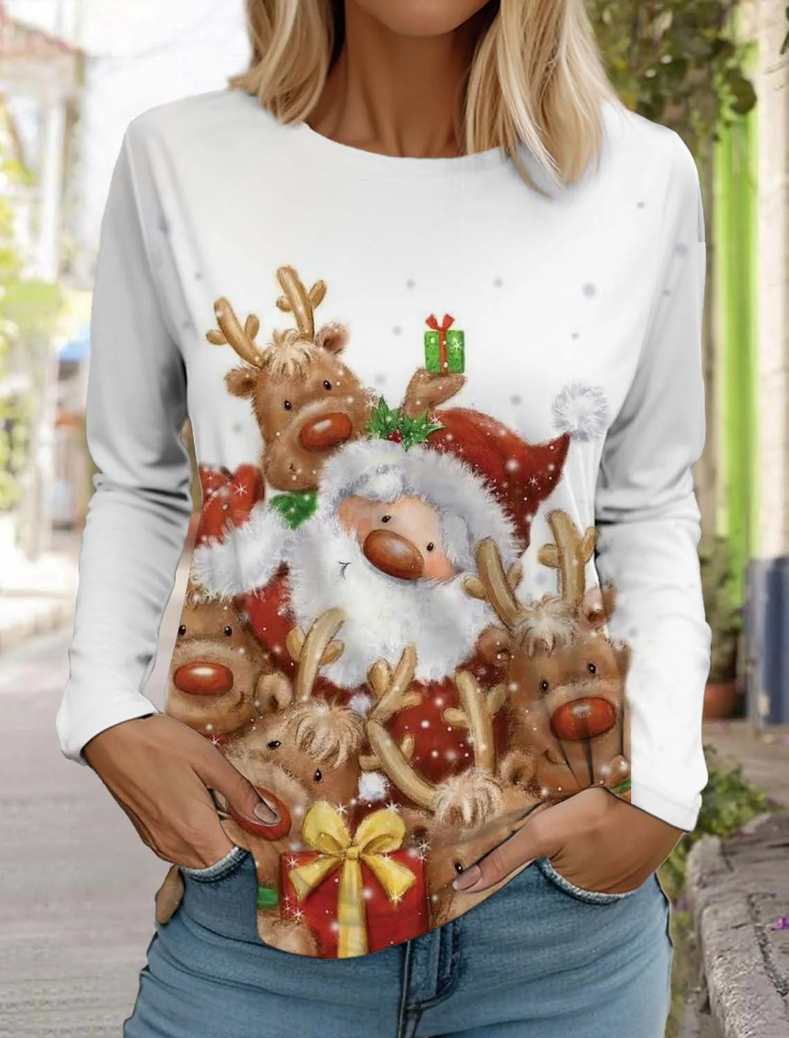 Christmas Snowflake Women's Long Sleeves T-Shirt Round Neck Autumn Santa Claus Elk Clothing Holiday Fashion Party Tops