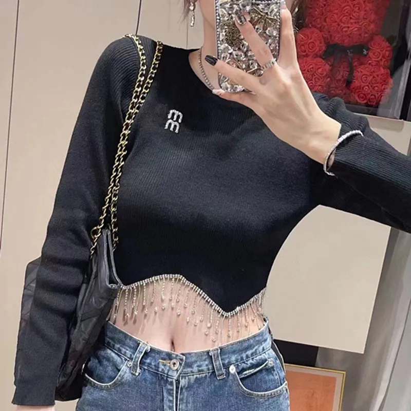

Woman Clothing Fashion Wear Slim Fit 2023 Early Autumn New Short Round Neck Knitted Long Sleeve Perforated Tassel Edge Top