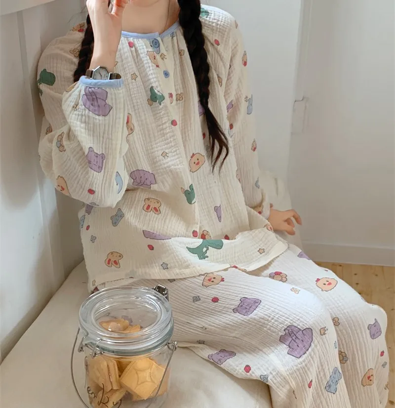 

Симпатичные женские пижамы, Осень-зима, 100% хлопок, пижамные комплекты, удобная домашняя одежда с длинным рукавом и круглым вырезом S340