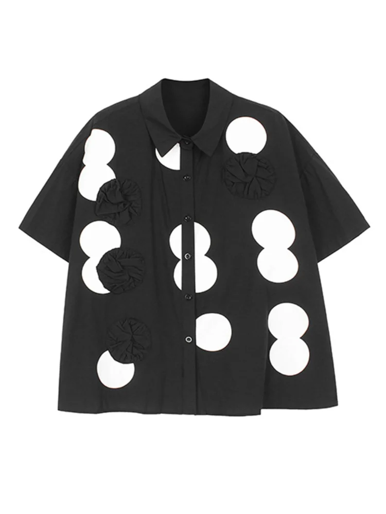 

Женская блузка с коротким рукавом, черная Свободная рубашка с отложным воротником и принтом в горошек, большие размеры, весна-лето M944