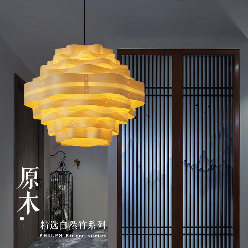 

Handmade Wood Veneer Ceiling Chandelier Bedroom Living Room Wooden Chandeliers Restaurant Creative Decorative Led Pendent Lamp