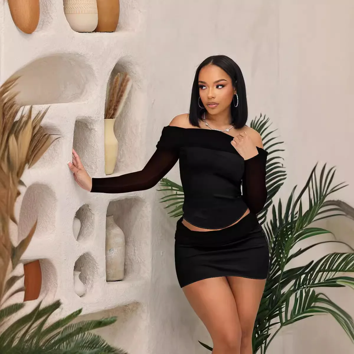 Женский костюм из двух предметов летний однотонный Guaze Топ с длинным рукавом и