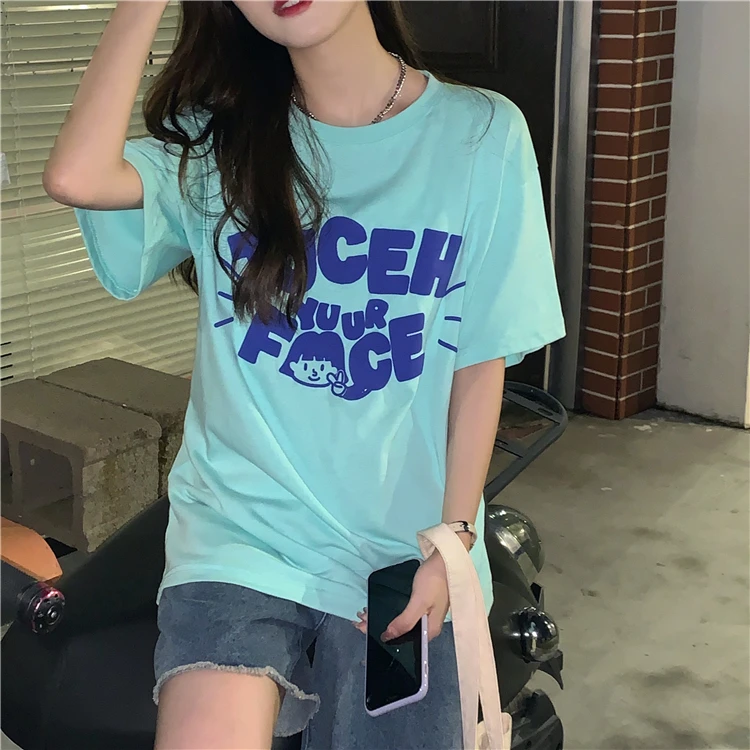 

7598 Summer Korean version 2022 new loose large version girl design sense salt short-sleeved foam letter T-shirt