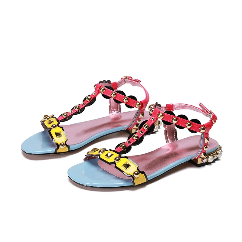 

Fashion Design Sexy Fairy Shoes Personality Rivet Decorate Strange Style Sandals Summer Patent Leather Mixed Colors Shoes