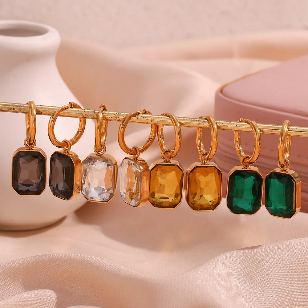 

Stainless Steel Cubic Zirconia Pendant Hoop Earring 18k-gold-plated Green Square Geometric Square Earring Charm Trendy Jewelry