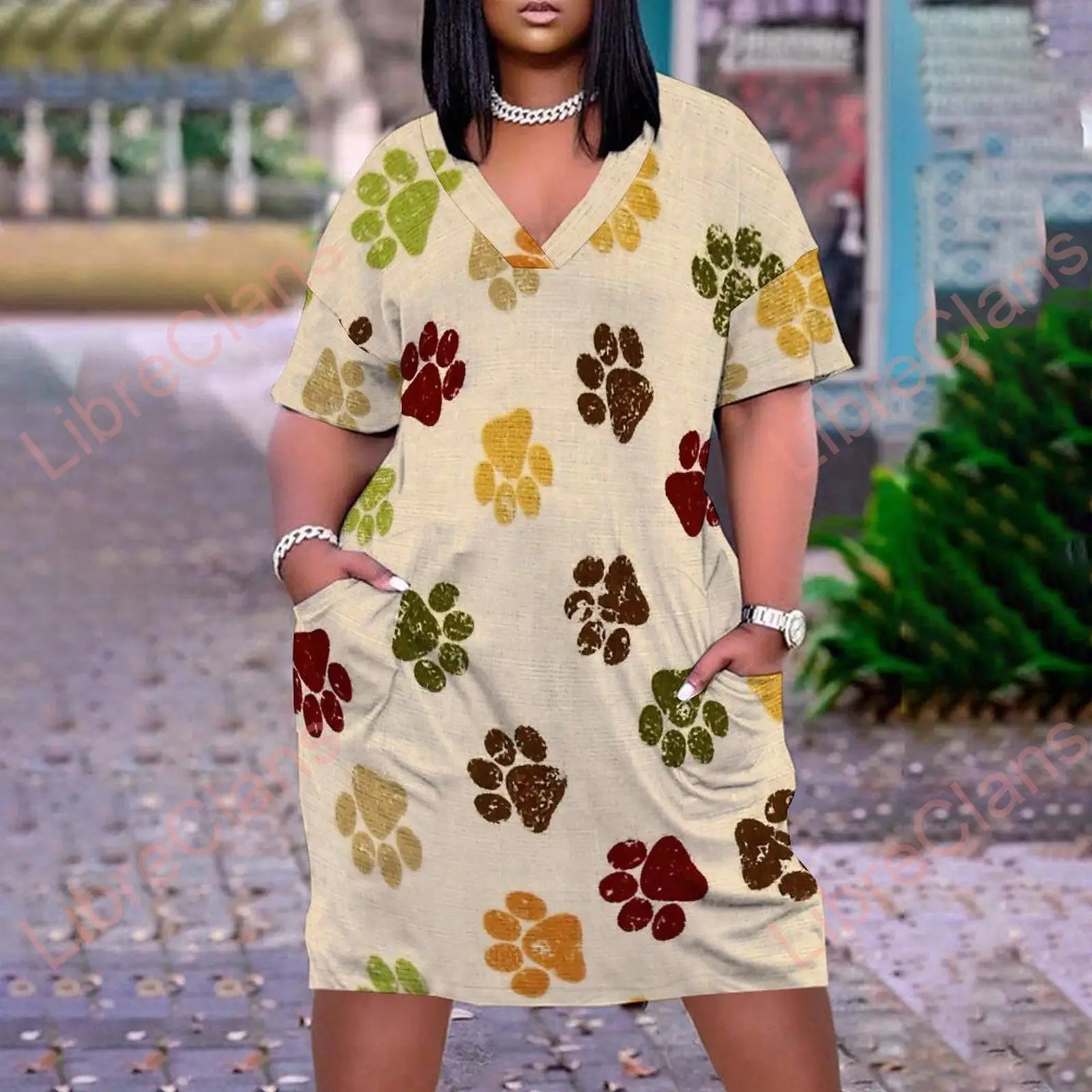 

2023 New trendy dress, Bohemian calf style women's dress, trendy street family women's clothing, dog paw printed women's dress