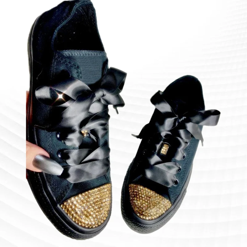 

Low-top black ribbon canvas shoes rhinestone street shooting comfortable walking handmade rhinestone vulcanized shoes 35-46