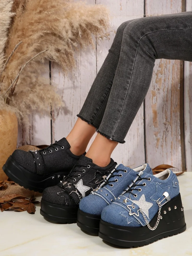 Новые джинсовые туфли на толстой подошве с высокой посадкой шнуровке большие