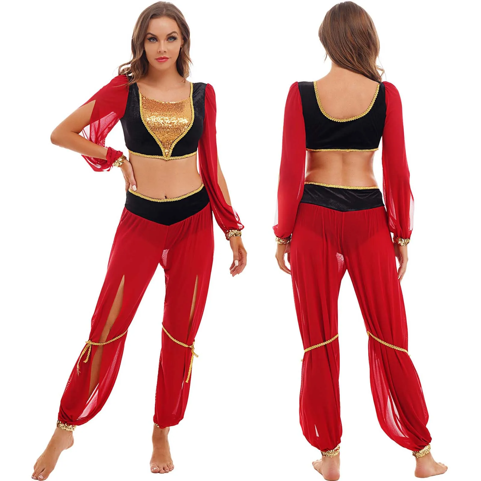 

Shiny Sequin Fairytale Lamp Cosplay Outfit Womens Gold Trim Splitted Crop Tops And Pants Halloween Carnivals Masquerade Costume