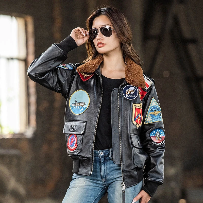 Dark Brown TOP GUN Maverick G1 Jacket Women Military Style Natural Thick Cowhide Winter Warm Aviator Genuine Leather Coats