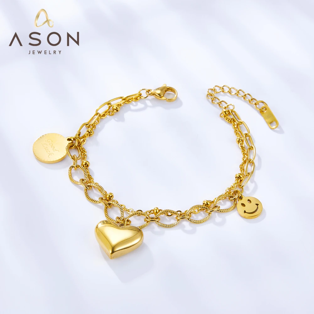 

ASONSTEEL Gold Color Stainless Steel Heart Round Smile Face Shape Accessoriess Link Chain Bracelets For Women 17+3cm Jewelry