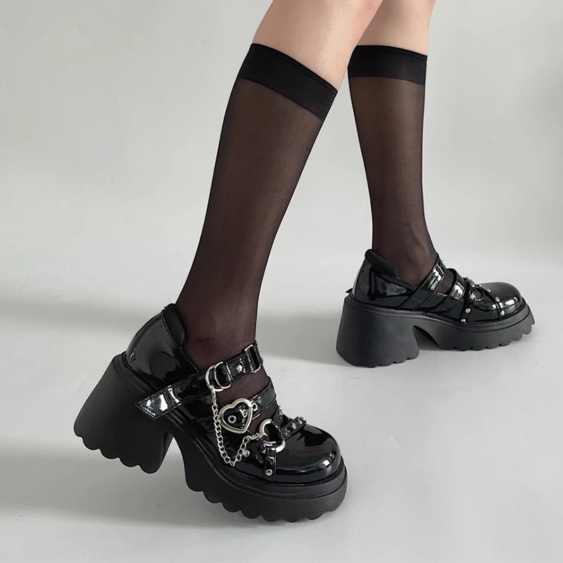 Women Platform Lolita Gothic Shoes Heart Buckle Mary Janes Vintage Chunky High Heels Women's Pumps Japanese School Uniform Shoes