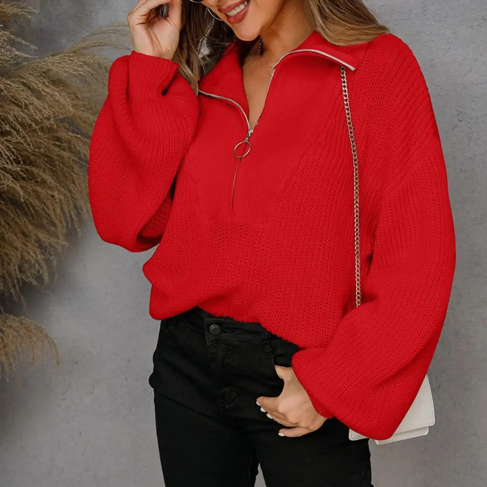 

50%HOTLapel Lantern Long Sleeve Zipper Half Placket Knitted Sweater Autumn Winter Solid Color Loose Sweater Jumper Female Clothi