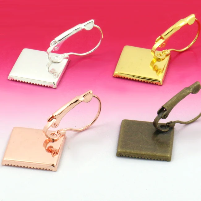 

20pcs WHOLESALE Inner 15mm ANTIQUE BRONZE/Silver Plated Earring Hoop Square Cameo Setting Cabochon Tray for DIY Making