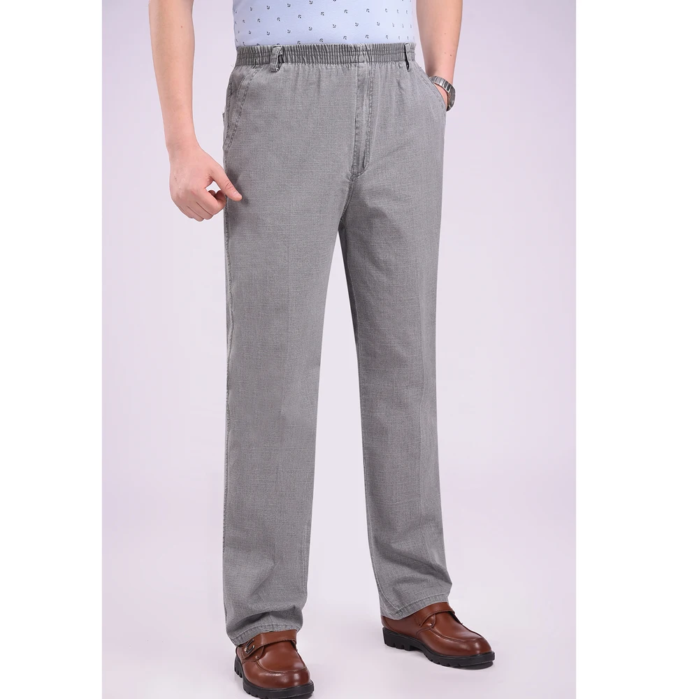 Fashion 2022 Summer Casual Loose Elastic Waist Old Men Linen Elderly High Waist Straight Dad Grandpa Slacks Fat Trousers