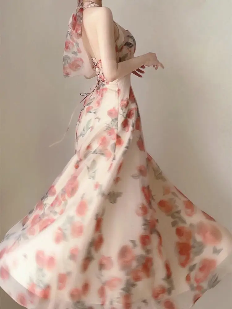 

Летнее сексуальное платье с цветочным принтом, женское пляжное платье средней длины без рукавов, женское повседневное корейское модное милое платье с принтом в стиле бохо, 2023
