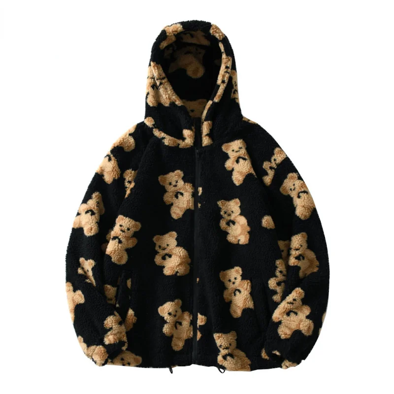 

Fleece New Hooded Jackets Streetwear Casual Harajuku Hip Hop Men Women Fashion Bear Print Full Zip Hooded Coat Tops Outwear