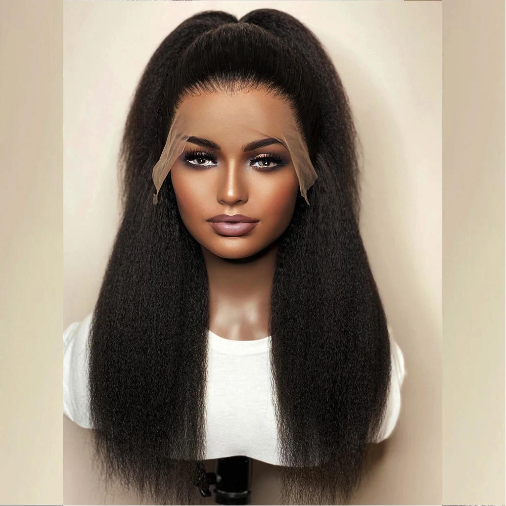 

Natural Middle Part 180% Density Yaki 26 Inch Long Black Kinky Straight Soft Lace Front Wigs for Women Babyhair Preplucked