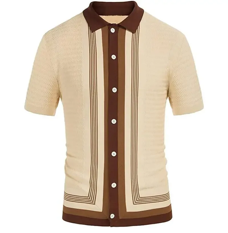 

Men's 2023 Summer New British Style Street Stripe Lapel Knitted Cardigan Short Sleeve Business Polo Shirt