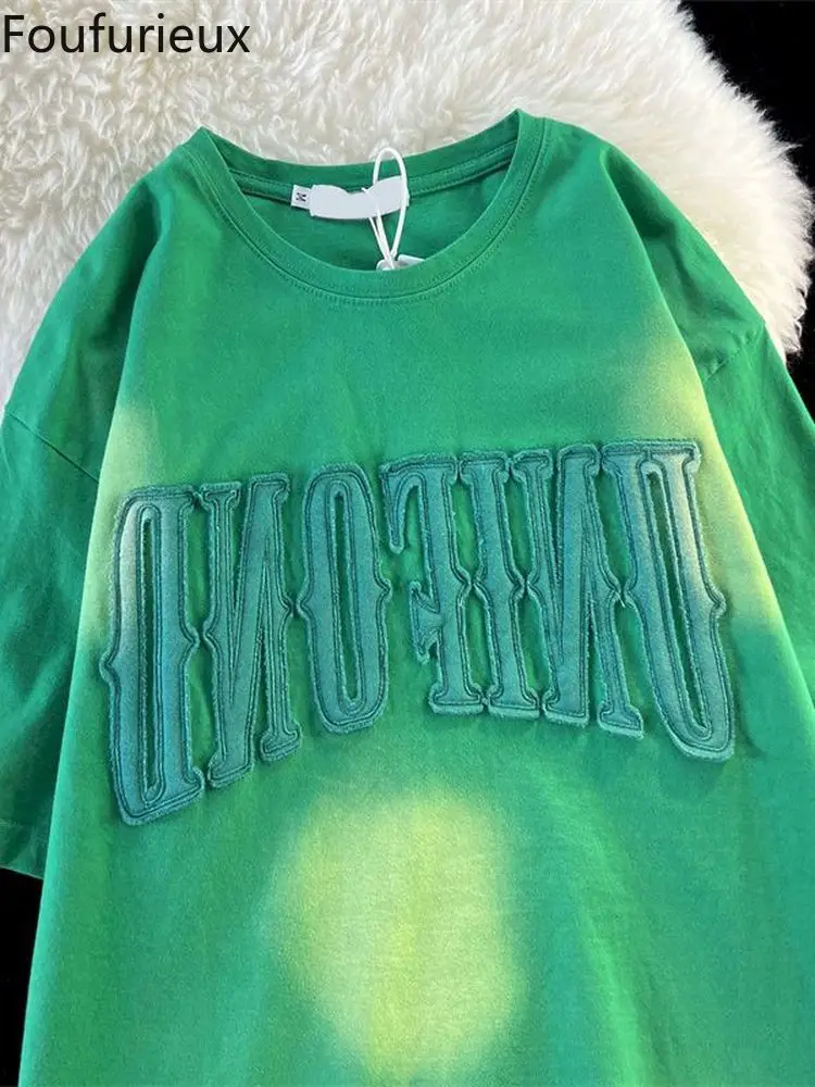 

Foufurieux American Retro Tie-dye Fun Letter Embroidery Short-sleeved T-shirt Men Women Summer Tide Brand Couple Wear Y2k Top