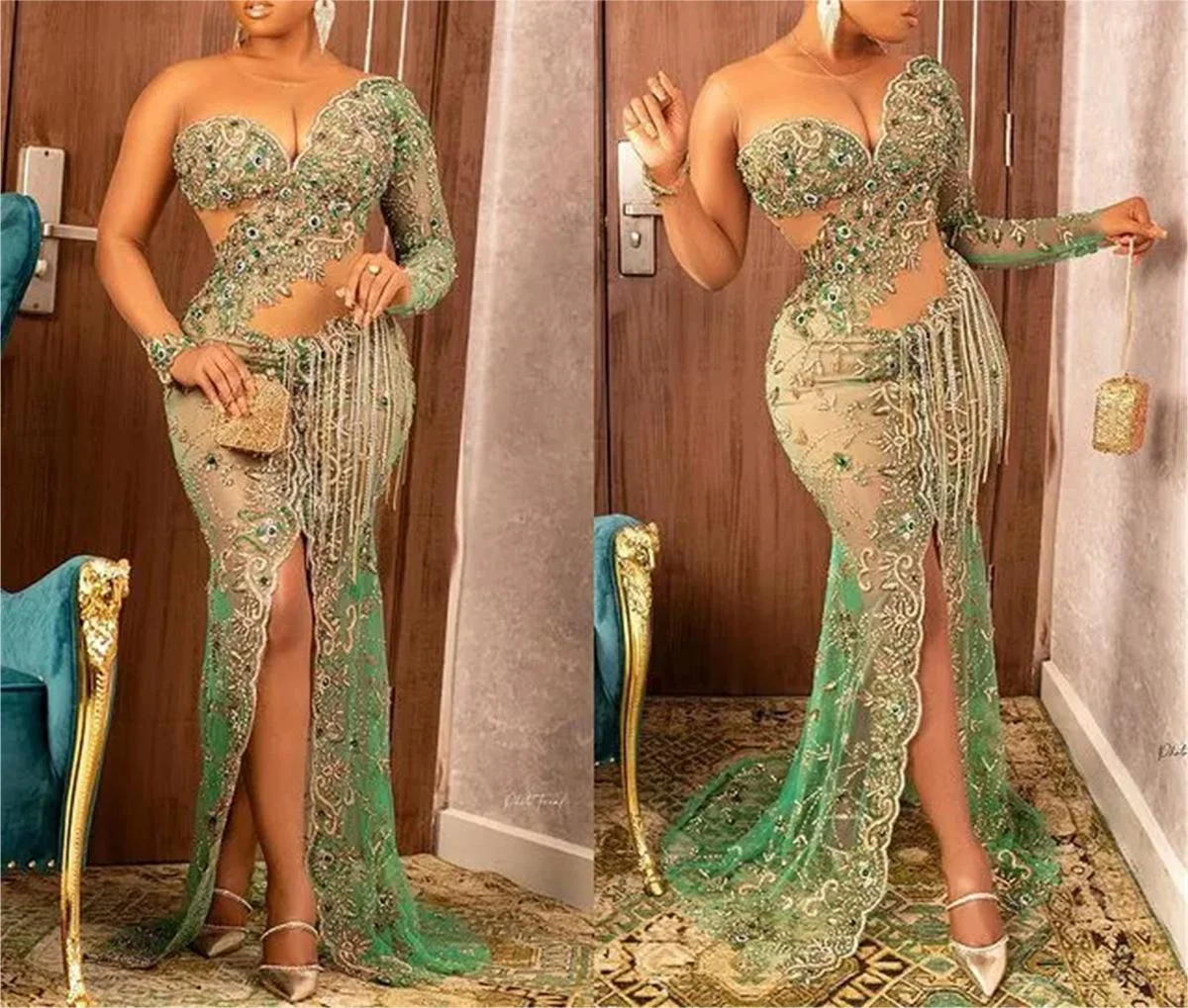 

Mermaid Prom Dress With Single Shoulder Sleeves High Slit Cutout Sexy Crystal Fringed Green Saudi Arabian Appliqué Tailored