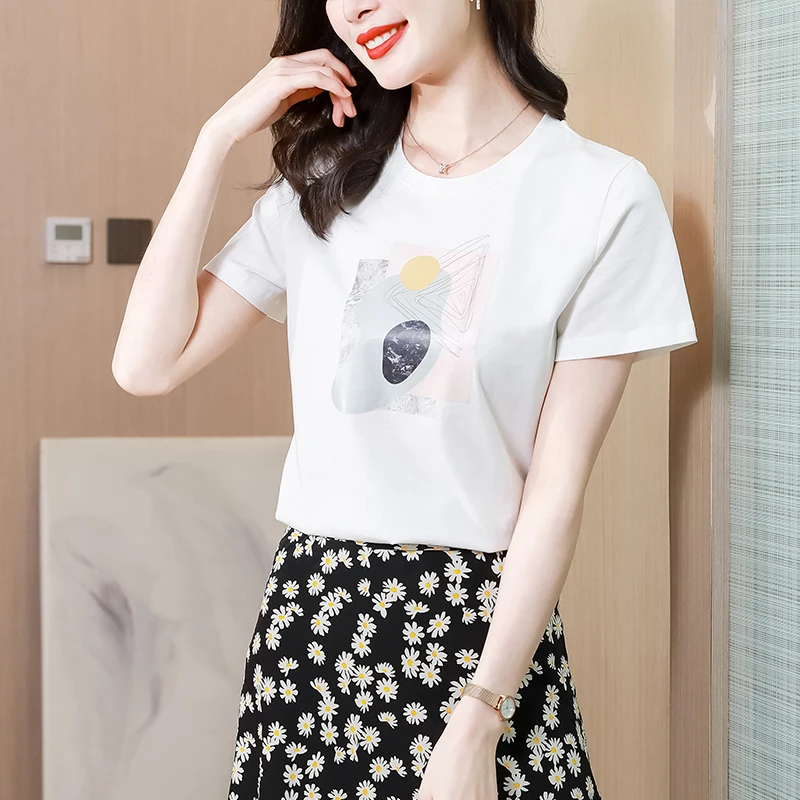 

Футболка женская с круглым вырезом, нейлоновый хлопковый топ свободного покроя, модная повседневная тенниска с коротким рукавом, в стиле пэ...